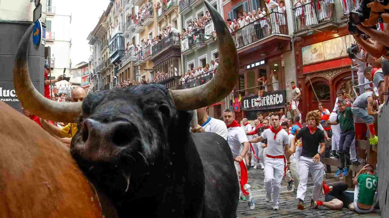 PAMPLONA, 10/07/2026.- Toros de la ganader&iacute;a de &Aacute;lvaro N&uacute;&ntilde;ez en el tramo de Mercaderes durante el cuarto encierro de los Sanfermines 2026 este viernes en Pamplona. EFE/ Jes&uacute;s Diges