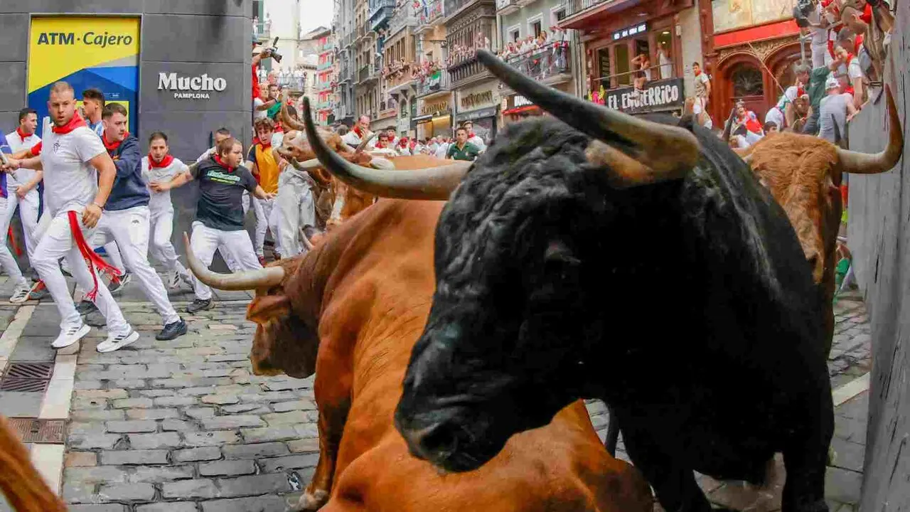 PAMPLONA, 10/07/2026.- Toros de la ganader&iacute;a de &Aacute;lvaro N&uacute;&ntilde;ez en el tramo de Mercaderes durante el cuarto encierro de los Sanfermines 2026 este viernes en Pamplona. EFE/ Jes&uacute;s Diges