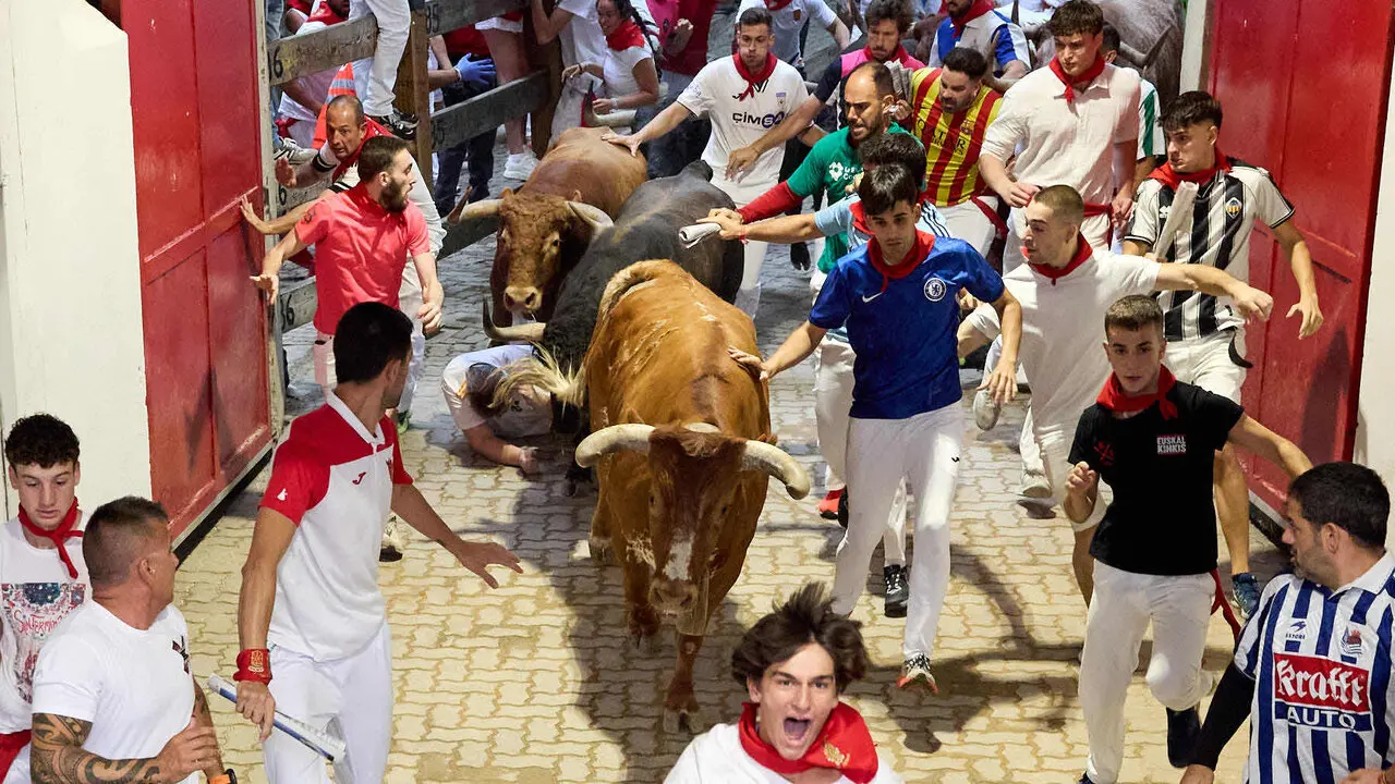 Cuarto encierro de San Ferm&iacute;n 2026 con toros de la ganader&iacute;a de &Aacute;lvaro N&uacute;&ntilde;ez en el tramo del callej&oacute;n y entrada a la plaza. I&Ntilde;IGO ALZUGARAY