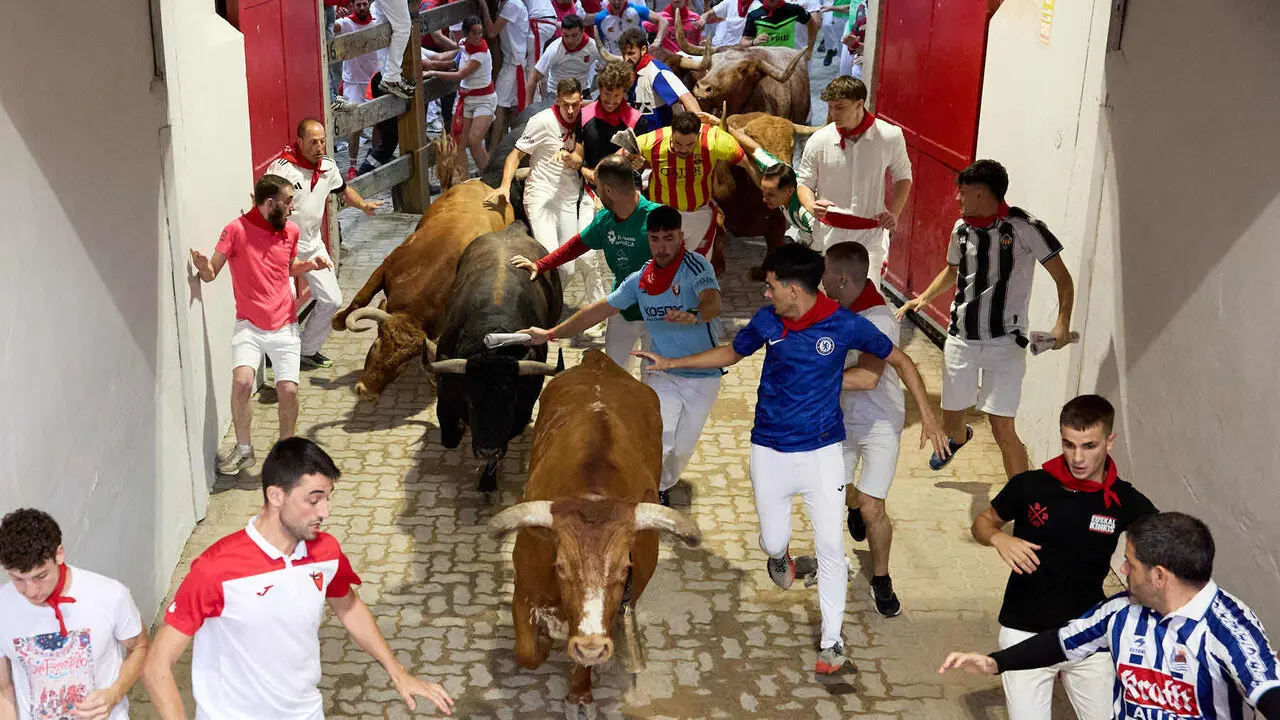 Cuarto encierro de San Ferm&iacute;n 2026 con toros de la ganader&iacute;a de &Aacute;lvaro N&uacute;&ntilde;ez en el tramo del callej&oacute;n y entrada a la plaza. I&Ntilde;IGO ALZUGARAY