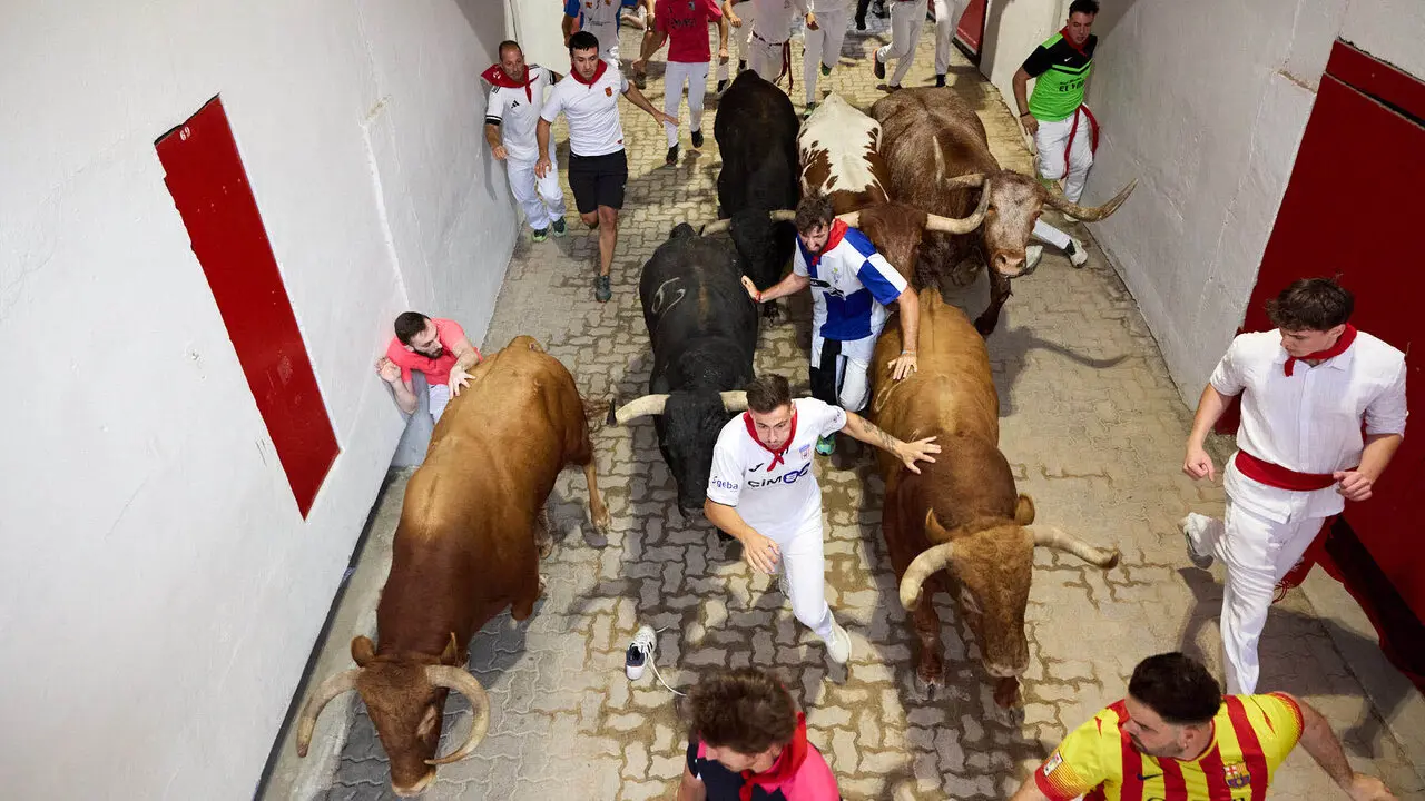 Cuarto encierro de San Ferm&iacute;n 2026 con toros de la ganader&iacute;a de &Aacute;lvaro N&uacute;&ntilde;ez en el tramo del callej&oacute;n y entrada a la plaza. I&Ntilde;IGO ALZUGARAY