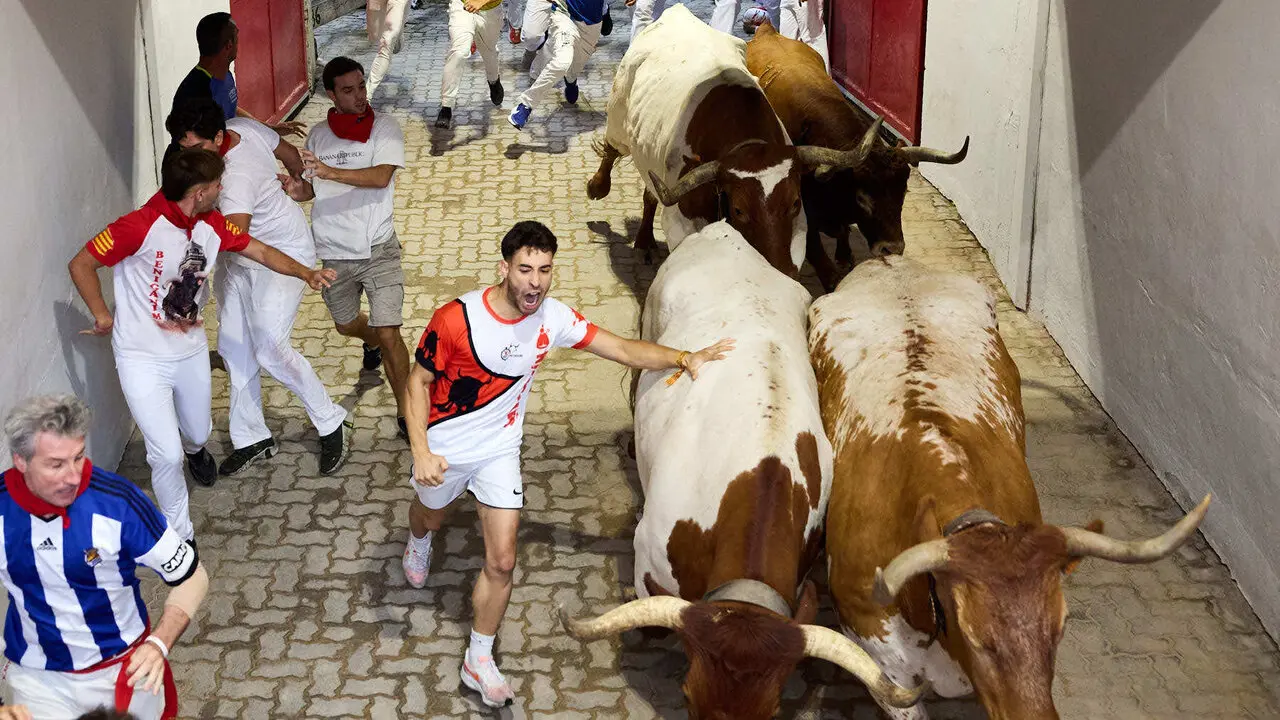 Cuarto encierro de San Ferm&iacute;n 2026 con toros de la ganader&iacute;a de &Aacute;lvaro N&uacute;&ntilde;ez en el tramo del callej&oacute;n y entrada a la plaza. I&Ntilde;IGO ALZUGARAY