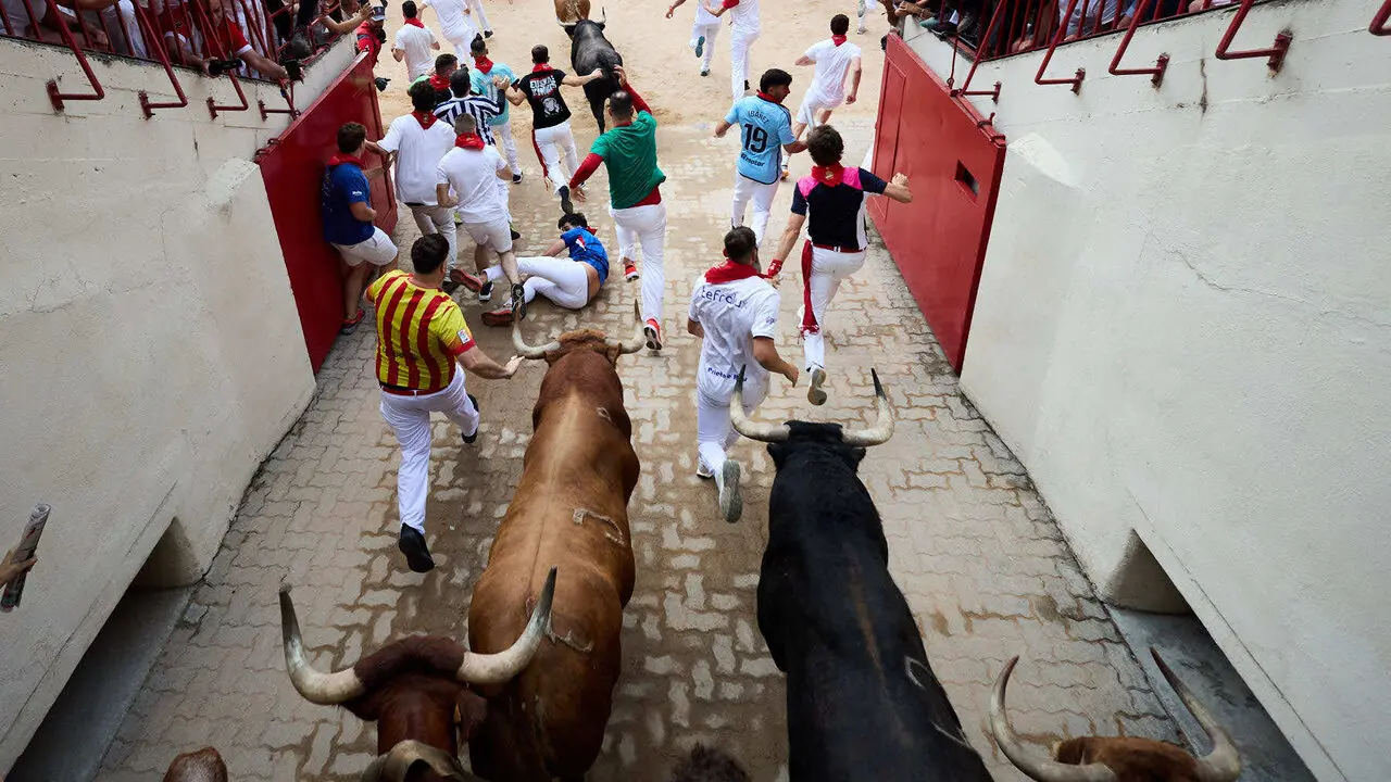 Cuarto encierro de San Ferm&iacute;n 2026 con toros de la ganader&iacute;a de &Aacute;lvaro N&uacute;&ntilde;ez en el tramo del callej&oacute;n y entrada a la plaza. I&Ntilde;IGO ALZUGARAY