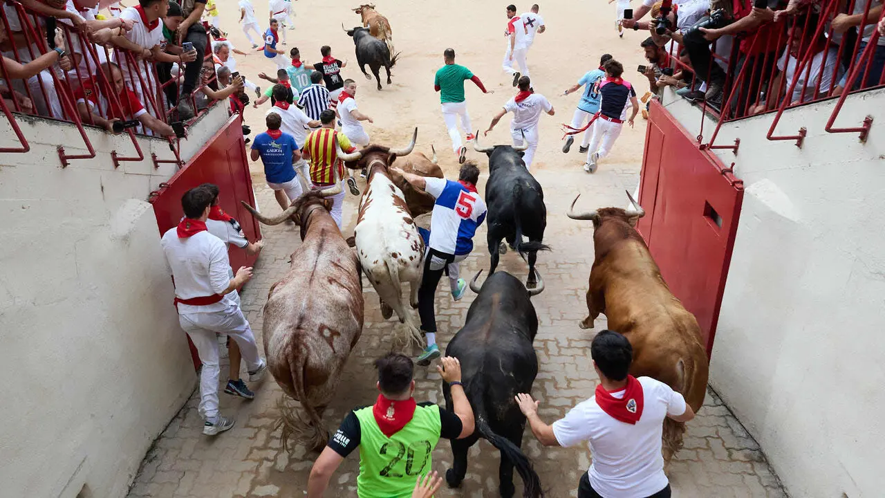 Cuarto encierro de San Ferm&iacute;n 2026 con toros de la ganader&iacute;a de &Aacute;lvaro N&uacute;&ntilde;ez en el tramo del callej&oacute;n y entrada a la plaza. I&Ntilde;IGO ALZUGARAY