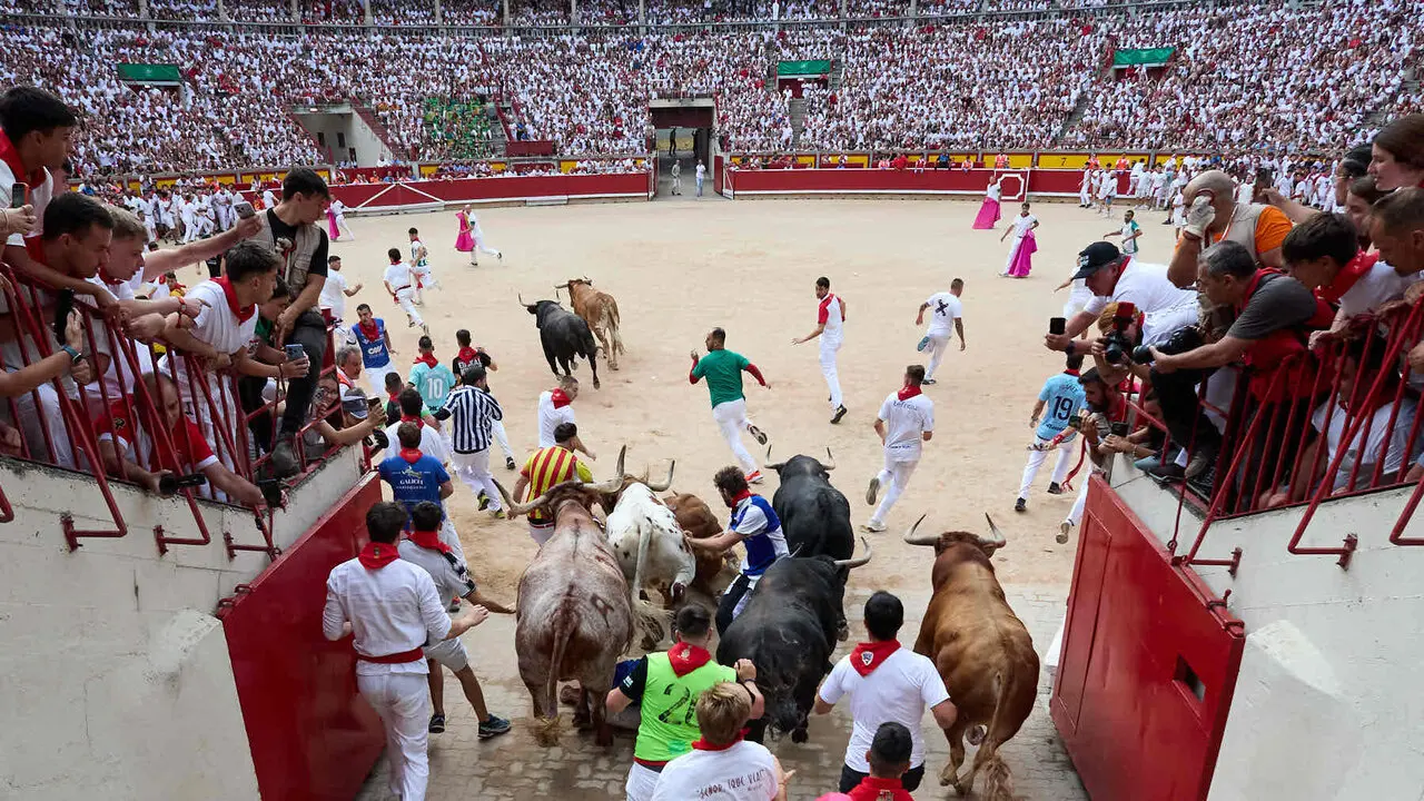 Cuarto encierro de San Ferm&iacute;n 2026 con toros de la ganader&iacute;a de &Aacute;lvaro N&uacute;&ntilde;ez en el tramo del callej&oacute;n y entrada a la plaza. I&Ntilde;IGO ALZUGARAY