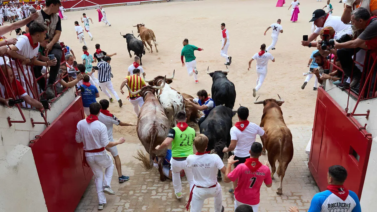 Cuarto encierro de San Ferm&iacute;n 2026 con toros de la ganader&iacute;a de &Aacute;lvaro N&uacute;&ntilde;ez en el tramo del callej&oacute;n y entrada a la plaza. I&Ntilde;IGO ALZUGARAY
