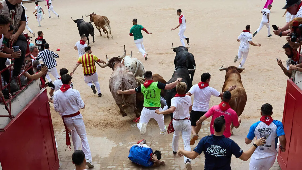 Cuarto encierro de San Ferm&iacute;n 2026 con toros de la ganader&iacute;a de &Aacute;lvaro N&uacute;&ntilde;ez en el tramo del callej&oacute;n y entrada a la plaza. I&Ntilde;IGO ALZUGARAY