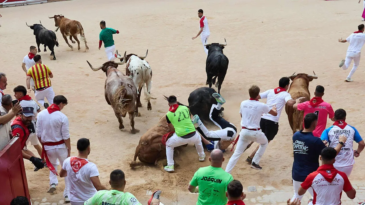 Cuarto encierro de San Ferm&iacute;n 2026 con toros de la ganader&iacute;a de &Aacute;lvaro N&uacute;&ntilde;ez en el tramo del callej&oacute;n y entrada a la plaza. I&Ntilde;IGO ALZUGARAY
