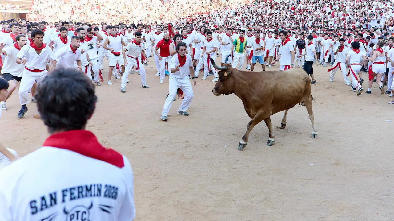 Suelta de vaquillas en la Plaza de Toros de Pamplona tras el quinto de San Ferm&iacute;n 2026. I&Ntilde;IGO ALZUGARAY