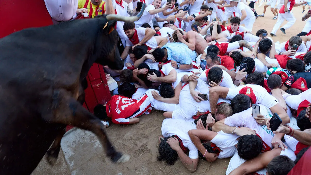 Suelta de vaquillas en la Plaza de Toros de Pamplona tras el quinto de San Ferm&iacute;n 2026. I&Ntilde;IGO ALZUGARAY