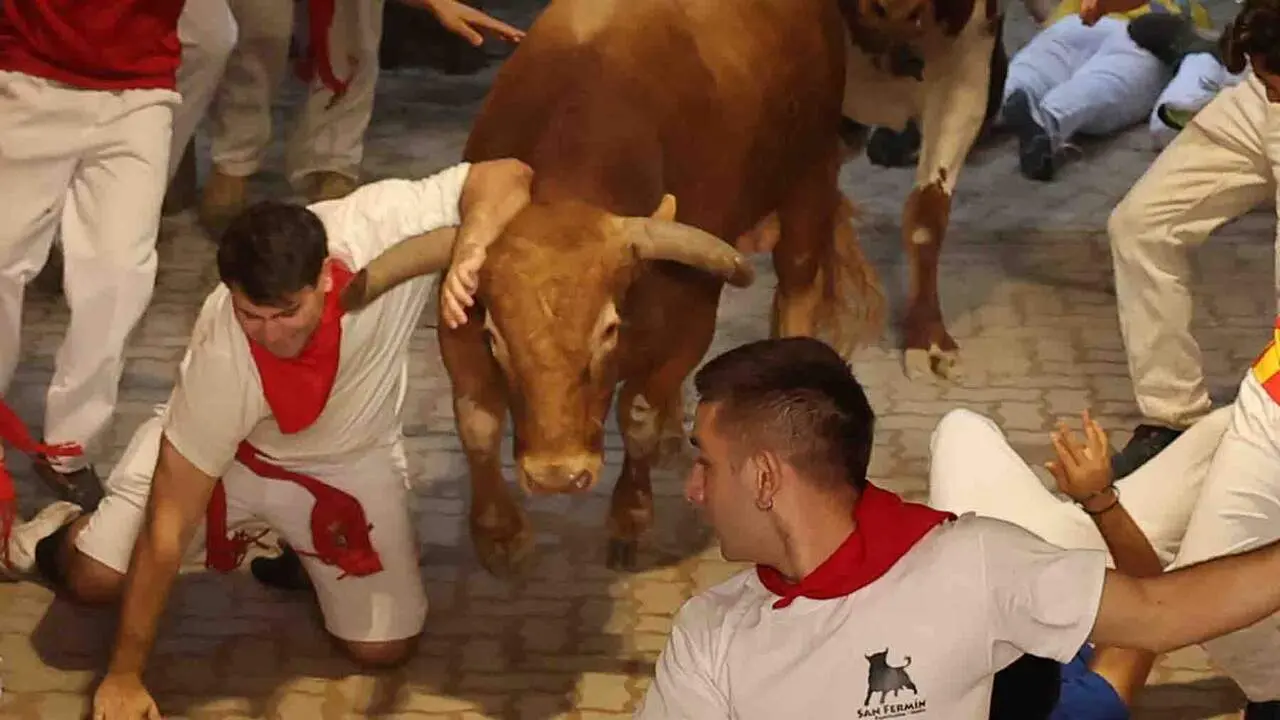 Un mozo es alcanzado por uno de los toros de la ganader&iacute;a gaditana de La Palmosilla a su paso por el callej&oacute;n durante el sexto encierro de los Sanfermines 2026, este domingo en Pamplona. EFE/J.P. Urdiroz