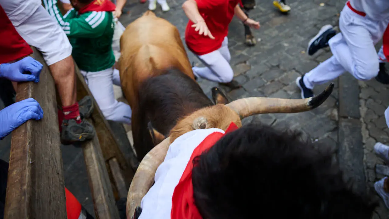 Sexto encierro de San Ferm&iacute;n 2026 con toros de La Palmosilla en la curva de Telef&oacute;nica. PABLO LASAOSA