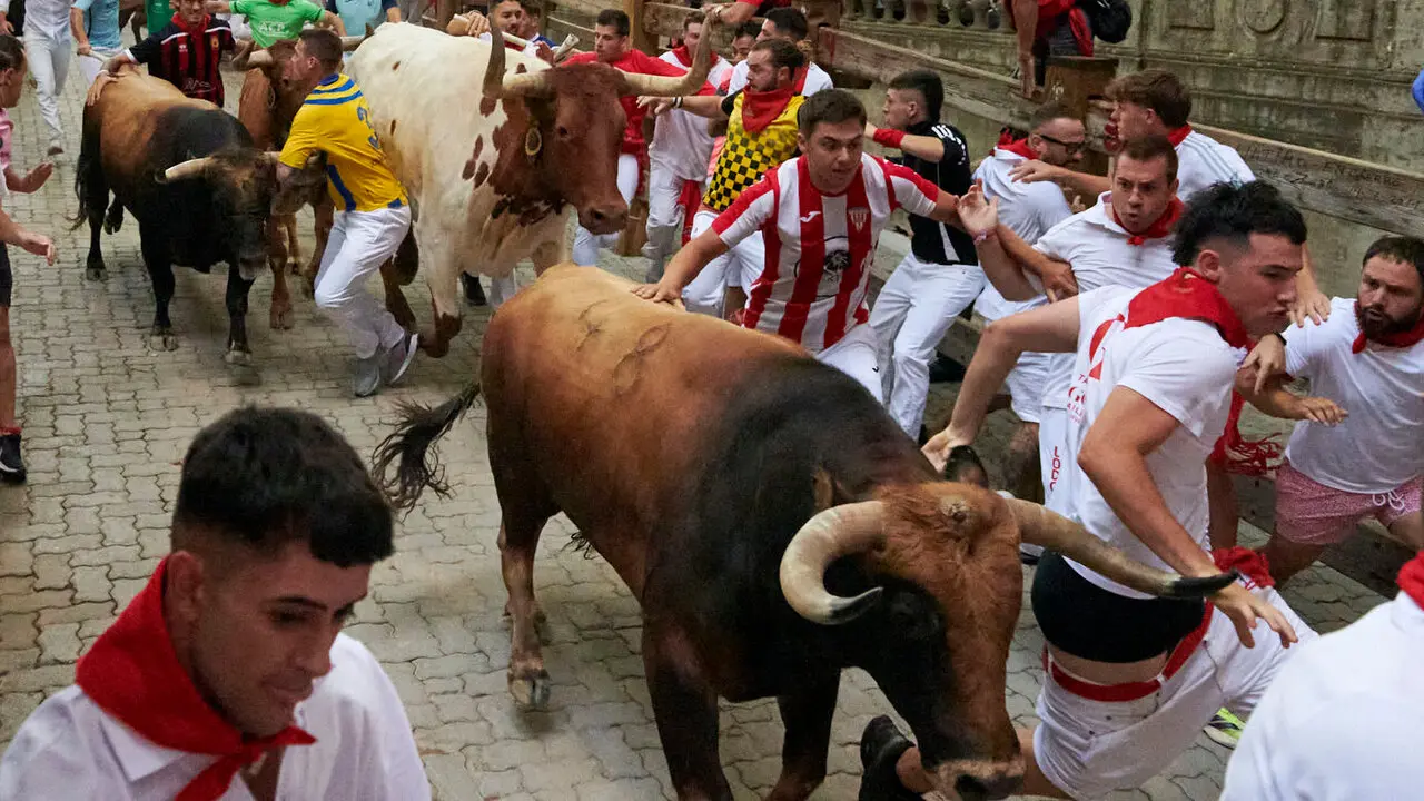 Sexto encierro de San Ferm&iacute;n con toros de La Palmosilla en la bajada al callej&oacute;n. IRANZU LARRASOA&Ntilde;A