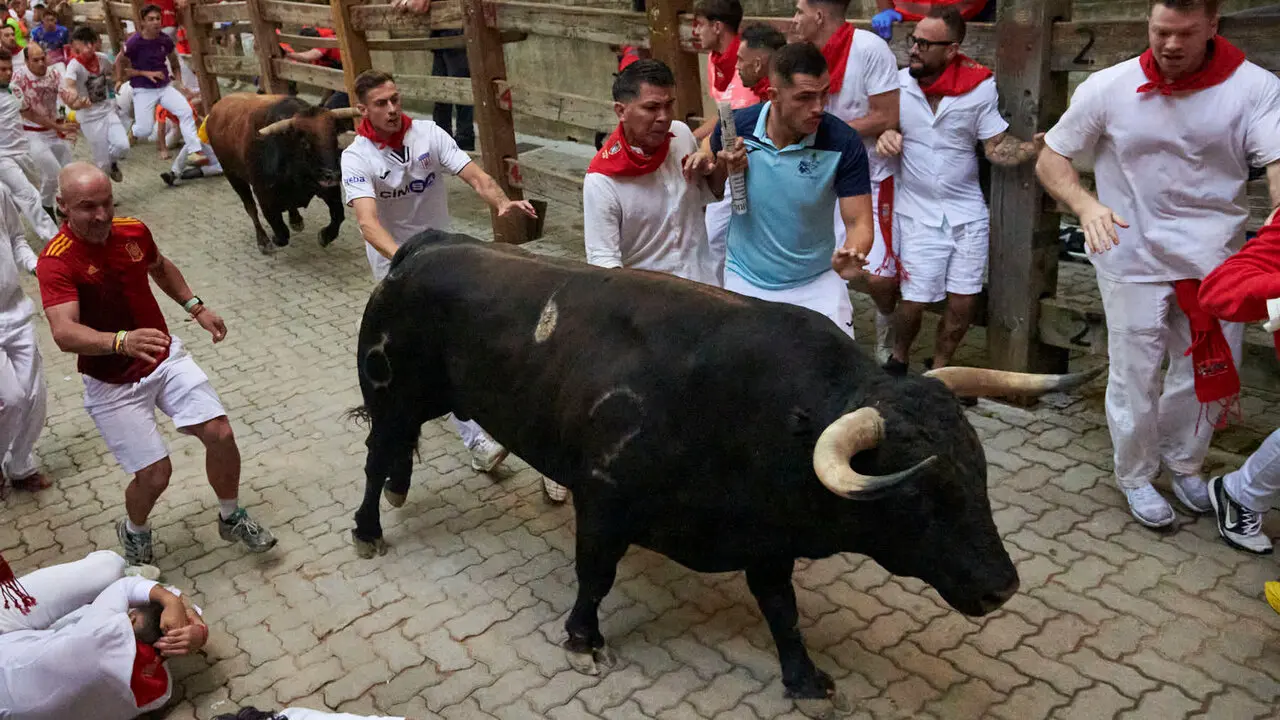 Sexto encierro de San Ferm&iacute;n con toros de La Palmosilla en la bajada al callej&oacute;n. IRANZU LARRASOA&Ntilde;A