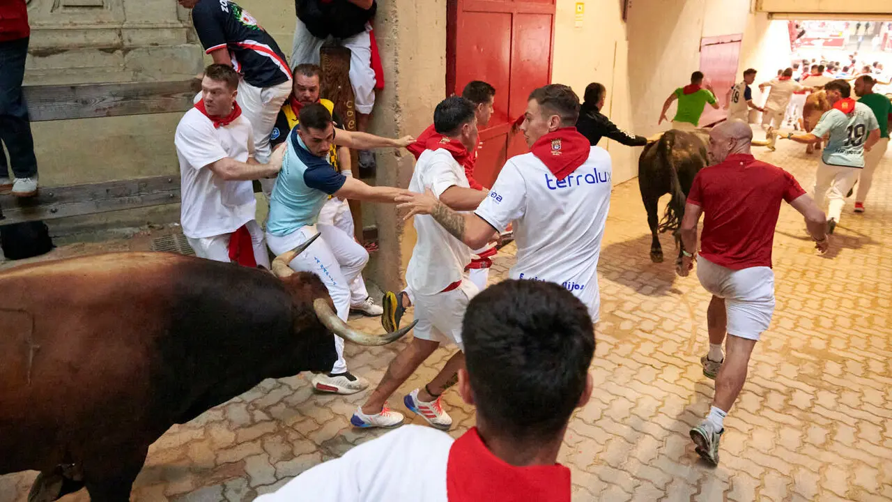 Sexto encierro de San Ferm&iacute;n con toros de La Palmosilla en la bajada al callej&oacute;n. IRANZU LARRASOA&Ntilde;A