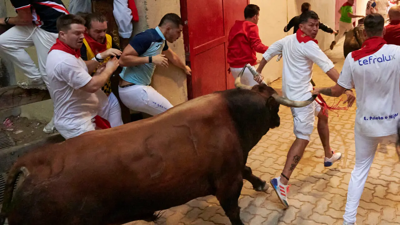 Sexto encierro de San Ferm&iacute;n con toros de La Palmosilla en la bajada al callej&oacute;n. IRANZU LARRASOA&Ntilde;A