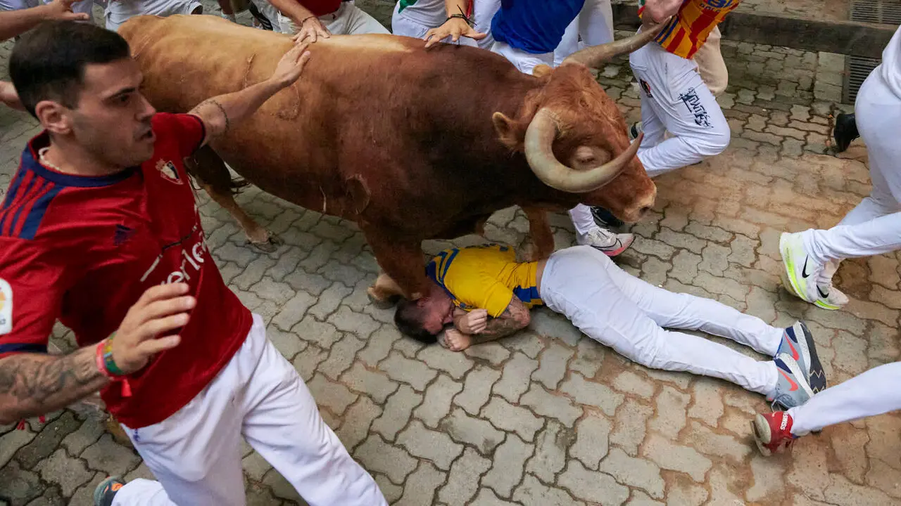 Sexto encierro de San Ferm&iacute;n con toros de La Palmosilla en la bajada al callej&oacute;n. IRANZU LARRASOA&Ntilde;A
