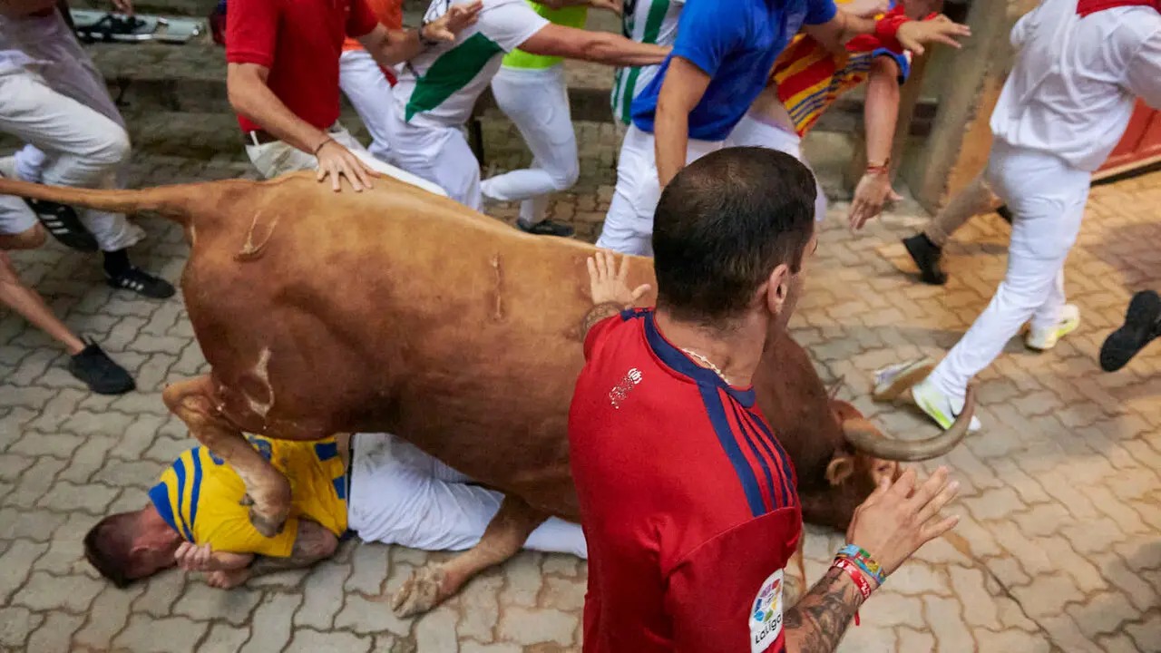 Sexto encierro de San Ferm&iacute;n con toros de La Palmosilla en la bajada al callej&oacute;n. IRANZU LARRASOA&Ntilde;A