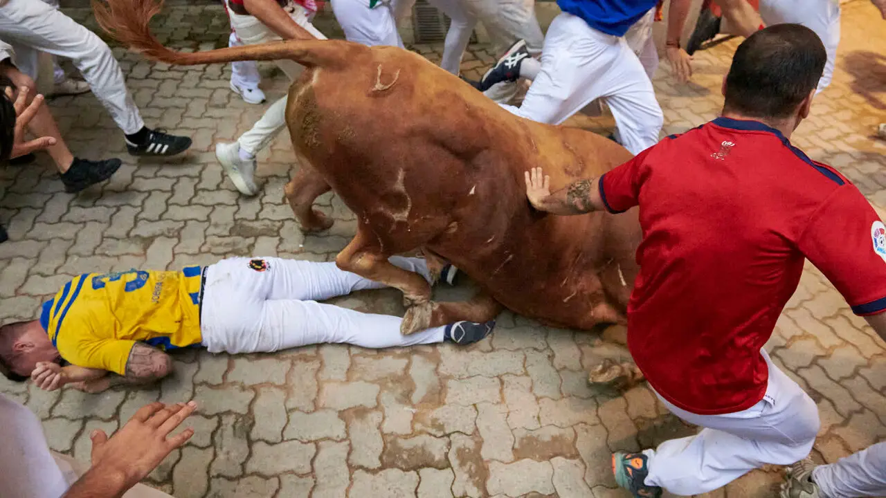 Sexto encierro de San Ferm&iacute;n con toros de La Palmosilla en la bajada al callej&oacute;n. IRANZU LARRASOA&Ntilde;A