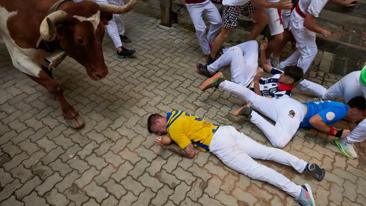 Sexto encierro de San Ferm&iacute;n con toros de La Palmosilla en la bajada al callej&oacute;n. IRANZU LARRASOA&Ntilde;A