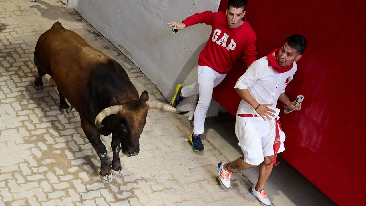 Sexto encierro de San Ferm&iacute;n 2026 con toros de la ganader&iacute;a de La Palmosilla en el tramo del callej&oacute;n y entrada a la plaza. I&Ntilde;IGO ALZUGARAY