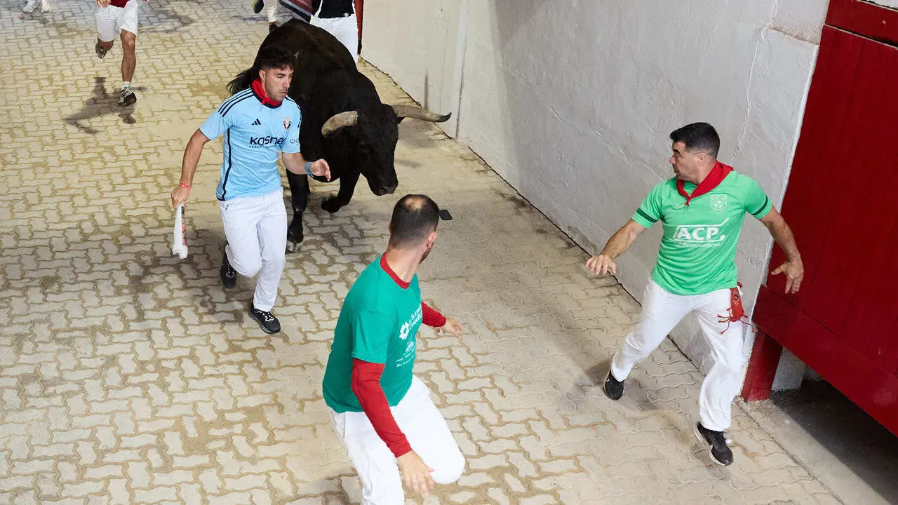 Sexto encierro de San Ferm&iacute;n 2026 con toros de la ganader&iacute;a de La Palmosilla en el tramo del callej&oacute;n y entrada a la plaza. I&Ntilde;IGO ALZUGARAY