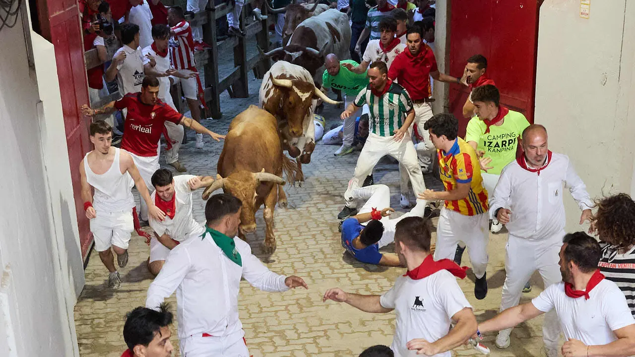 Sexto encierro de San Ferm&iacute;n 2026 con toros de la ganader&iacute;a de La Palmosilla en el tramo del callej&oacute;n y entrada a la plaza. I&Ntilde;IGO ALZUGARAY