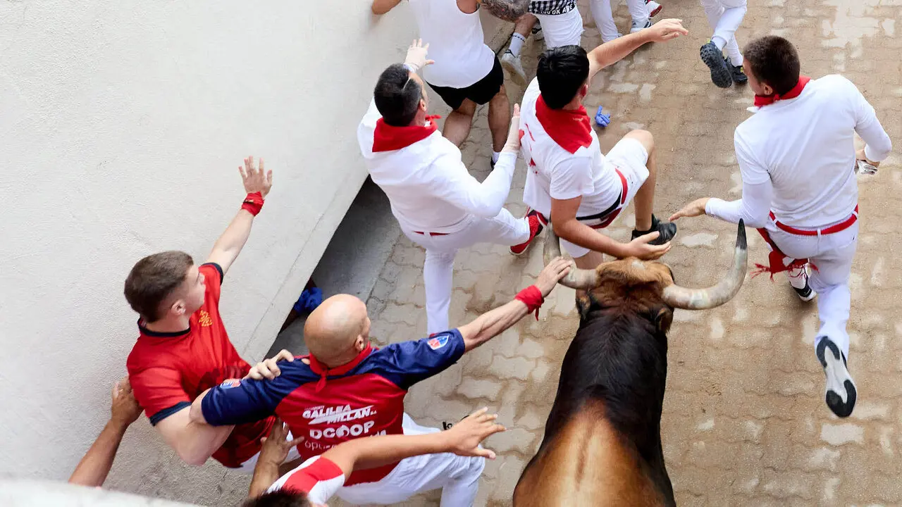 Sexto encierro de San Ferm&iacute;n 2026 con toros de la ganader&iacute;a de La Palmosilla en el tramo del callej&oacute;n y entrada a la plaza. I&Ntilde;IGO ALZUGARAY