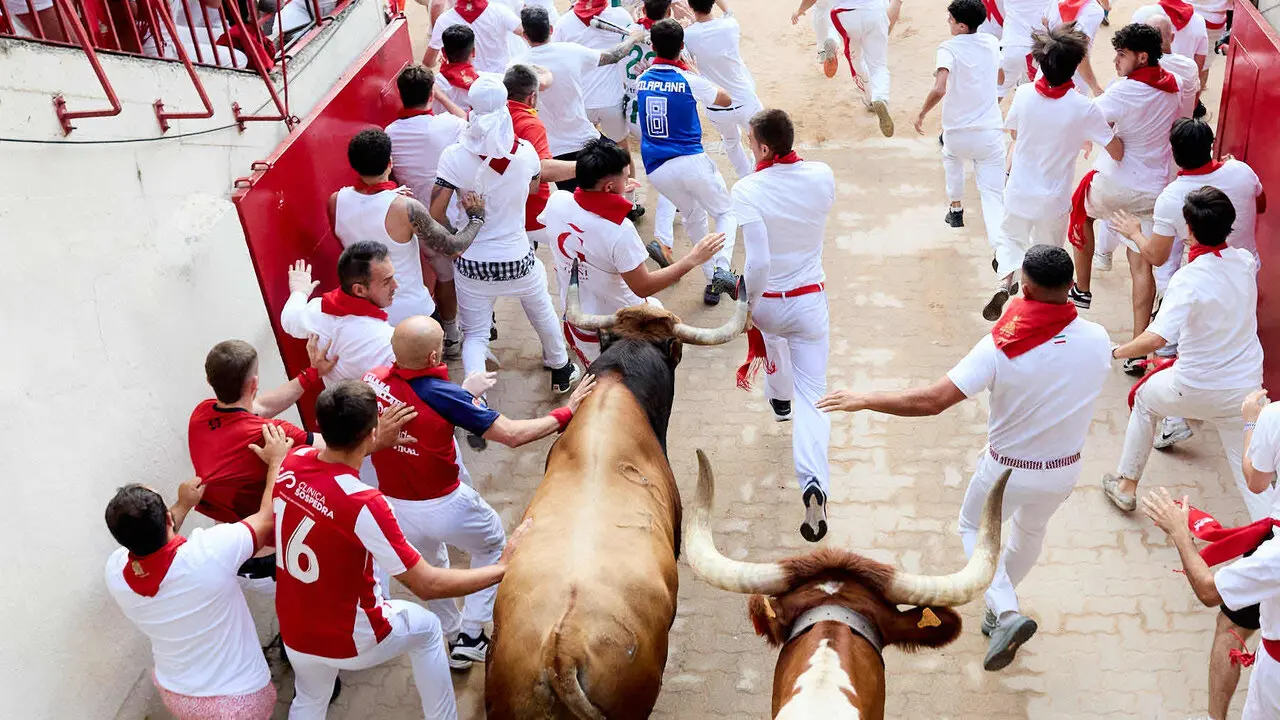 Sexto encierro de San Ferm&iacute;n 2026 con toros de la ganader&iacute;a de La Palmosilla en el tramo del callej&oacute;n y entrada a la plaza. I&Ntilde;IGO ALZUGARAY