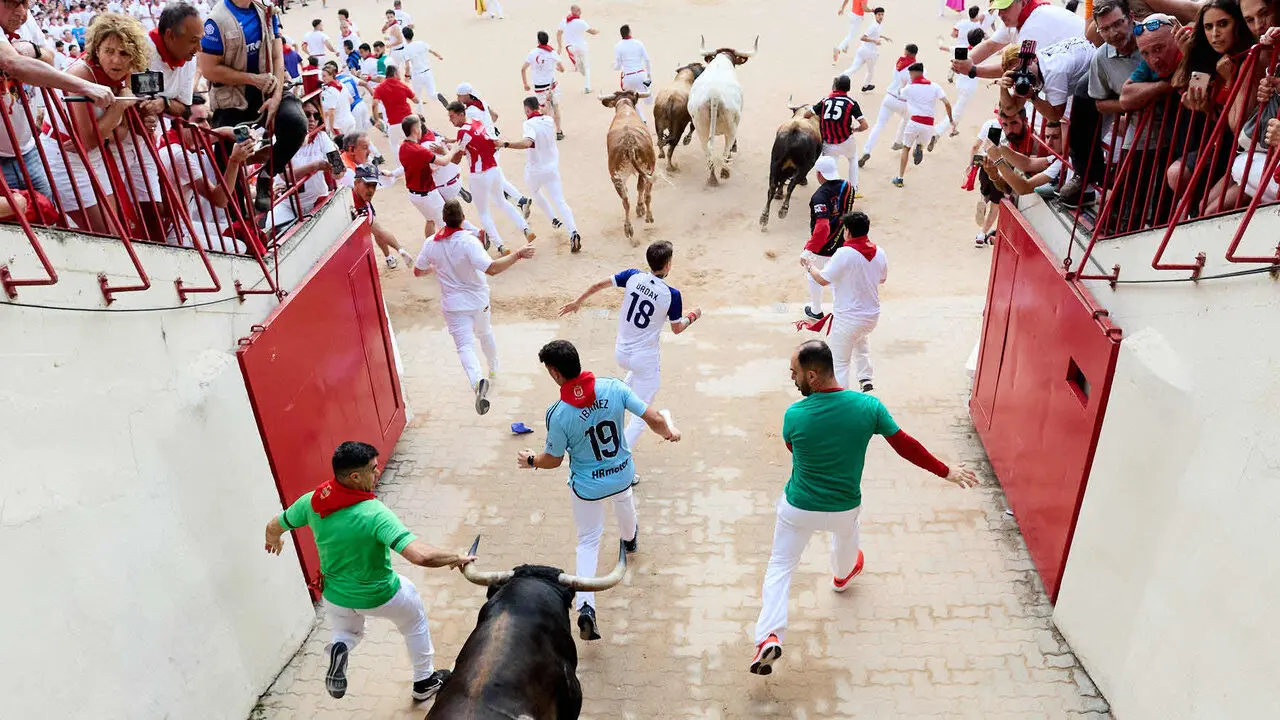 Sexto encierro de San Ferm&iacute;n 2026 con toros de la ganader&iacute;a de La Palmosilla en el tramo del callej&oacute;n y entrada a la plaza. I&Ntilde;IGO ALZUGARAY