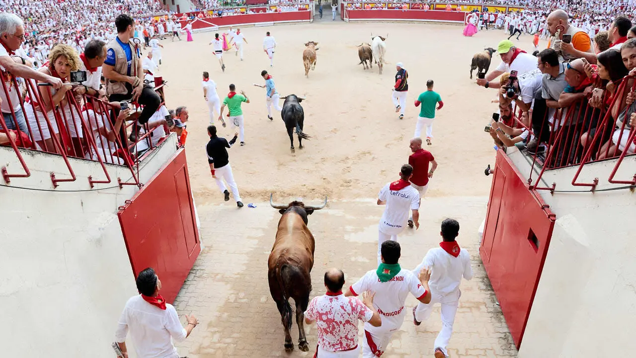 Sexto encierro de San Ferm&iacute;n 2026 con toros de la ganader&iacute;a de La Palmosilla en el tramo del callej&oacute;n y entrada a la plaza. I&Ntilde;IGO ALZUGARAY