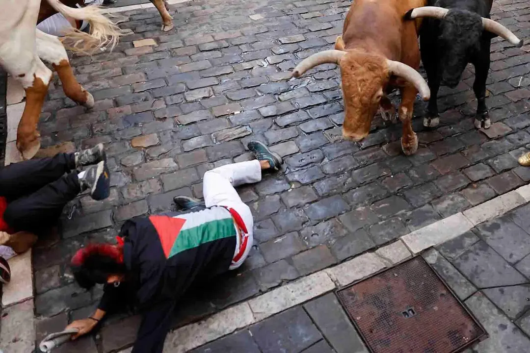 PAMPLONA, 12/07/2026.- Los toros de la ganader&iacute;a gaditana de La Palmosilla entran en la curva de Mercaderes durante el sexto encierro de los Sanfermines 2026, este domingo en Pamplona. EFE/Villar L&oacute;pez