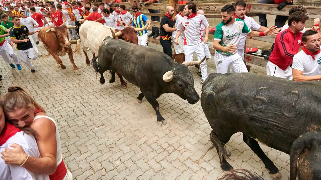 S&eacute;ptimo encierro de San Ferm&iacute;n con toros de Miura desde la bajada al callej&oacute;n. IRANZU LARRASOA&Ntilde;A