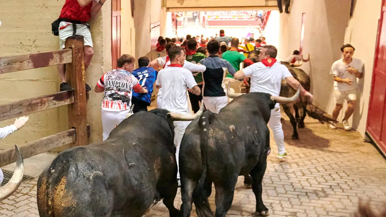S&eacute;ptimo encierro de San Ferm&iacute;n con toros de Miura desde la bajada al callej&oacute;n. IRANZU LARRASOA&Ntilde;A