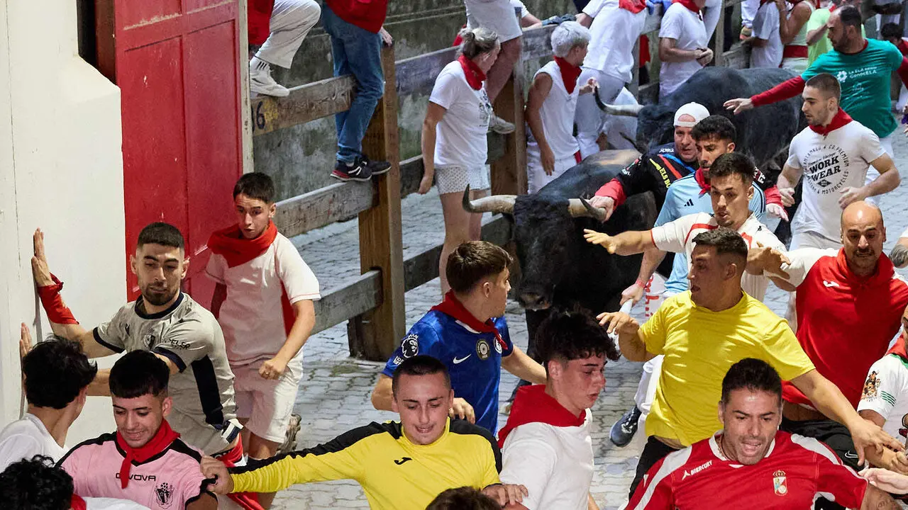 S&eacute;ptimo encierro de San Ferm&iacute;n 2026 con toros de la ganader&iacute;a de Miura en el tramo del callej&oacute;n y entrada a la plaza. I&Ntilde;IGO ALZUGARAY
