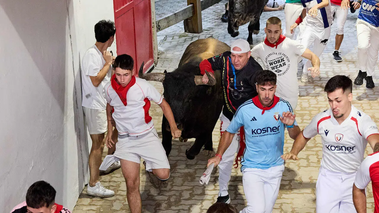 S&eacute;ptimo encierro de San Ferm&iacute;n 2026 con toros de la ganader&iacute;a de Miura en el tramo del callej&oacute;n y entrada a la plaza. I&Ntilde;IGO ALZUGARAY