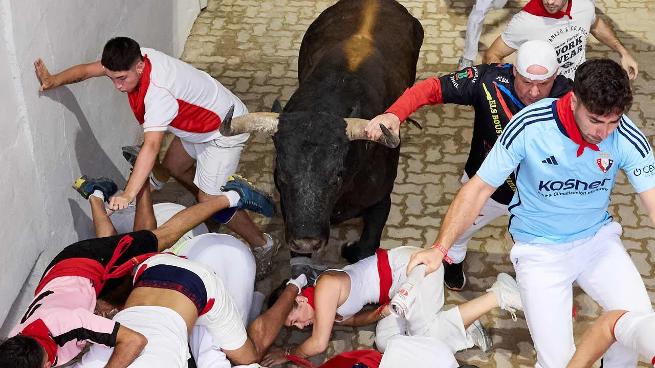 S&eacute;ptimo encierro de San Ferm&iacute;n 2026 con toros de la ganader&iacute;a de Miura en el tramo del callej&oacute;n y entrada a la plaza. I&Ntilde;IGO ALZUGARAY