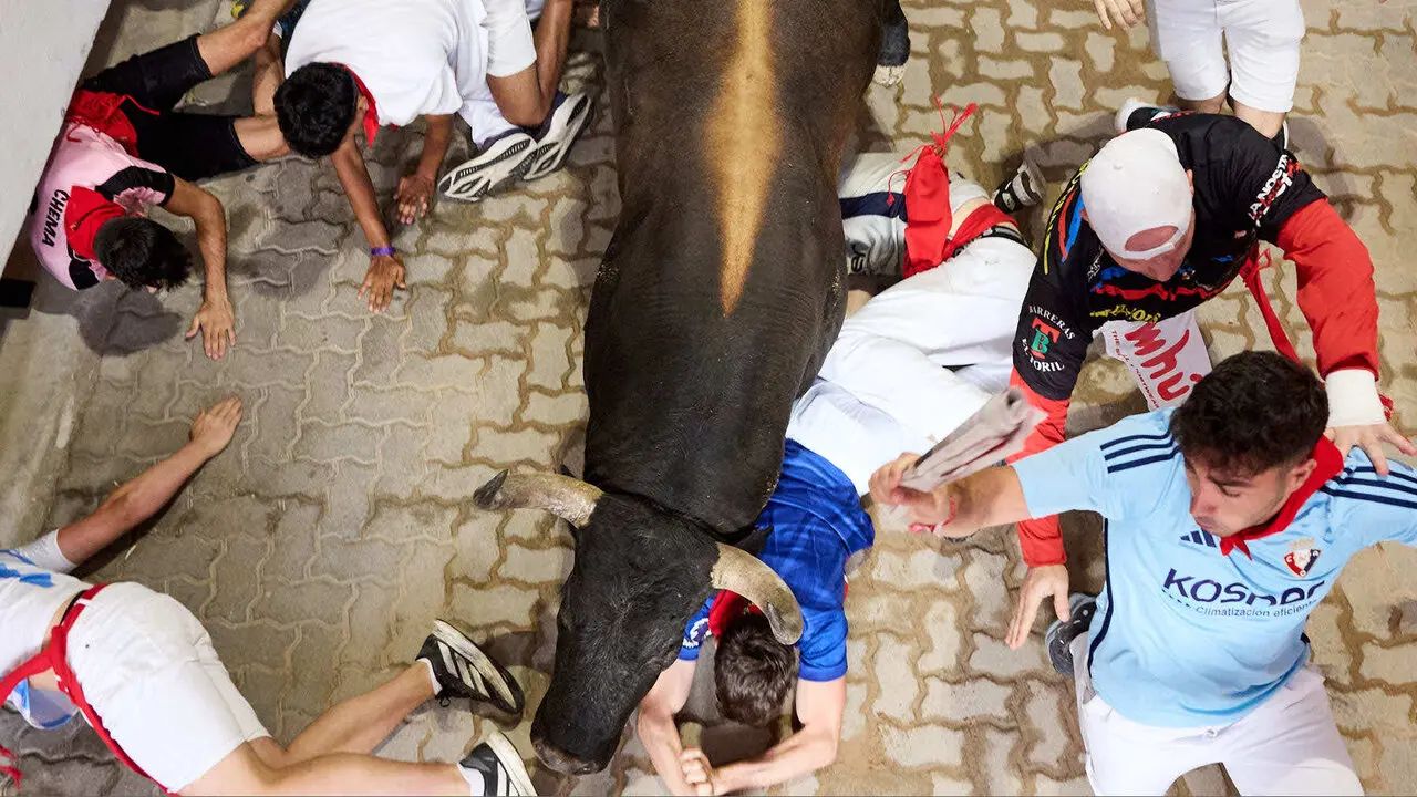 S&eacute;ptimo encierro de San Ferm&iacute;n 2026 con toros de la ganader&iacute;a de Miura en el tramo del callej&oacute;n y entrada a la plaza. I&Ntilde;IGO ALZUGARAY