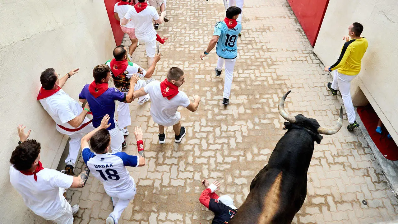 S&eacute;ptimo encierro de San Ferm&iacute;n 2026 con toros de la ganader&iacute;a de Miura en el tramo del callej&oacute;n y entrada a la plaza. I&Ntilde;IGO ALZUGARAY