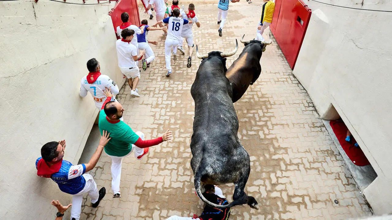 S&eacute;ptimo encierro de San Ferm&iacute;n 2026 con toros de la ganader&iacute;a de Miura en el tramo del callej&oacute;n y entrada a la plaza. I&Ntilde;IGO ALZUGARAY
