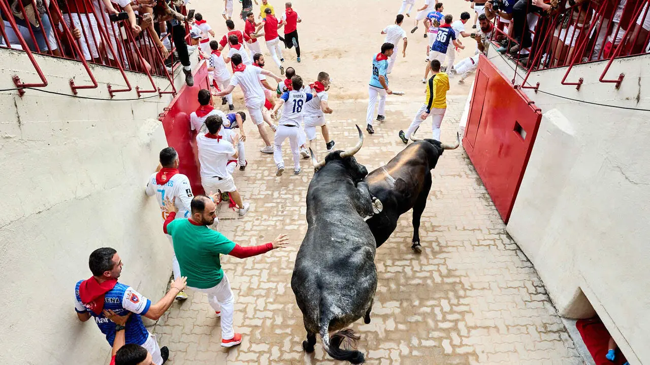 S&eacute;ptimo encierro de San Ferm&iacute;n 2026 con toros de la ganader&iacute;a de Miura en el tramo del callej&oacute;n y entrada a la plaza. I&Ntilde;IGO ALZUGARAY