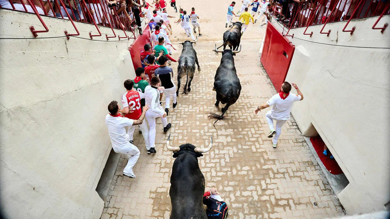 S&eacute;ptimo encierro de San Ferm&iacute;n 2026 con toros de la ganader&iacute;a de Miura en el tramo del callej&oacute;n y entrada a la plaza. I&Ntilde;IGO ALZUGARAY