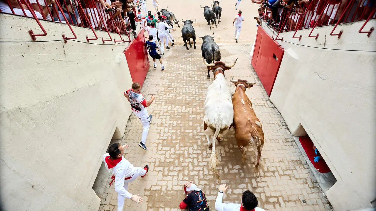 S&eacute;ptimo encierro de San Ferm&iacute;n 2026 con toros de la ganader&iacute;a de Miura en el tramo del callej&oacute;n y entrada a la plaza. I&Ntilde;IGO ALZUGARAY