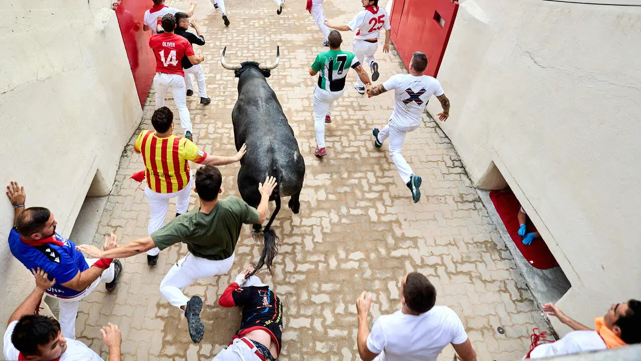 S&eacute;ptimo encierro de San Ferm&iacute;n 2026 con toros de la ganader&iacute;a de Miura en el tramo del callej&oacute;n y entrada a la plaza. I&Ntilde;IGO ALZUGARAY