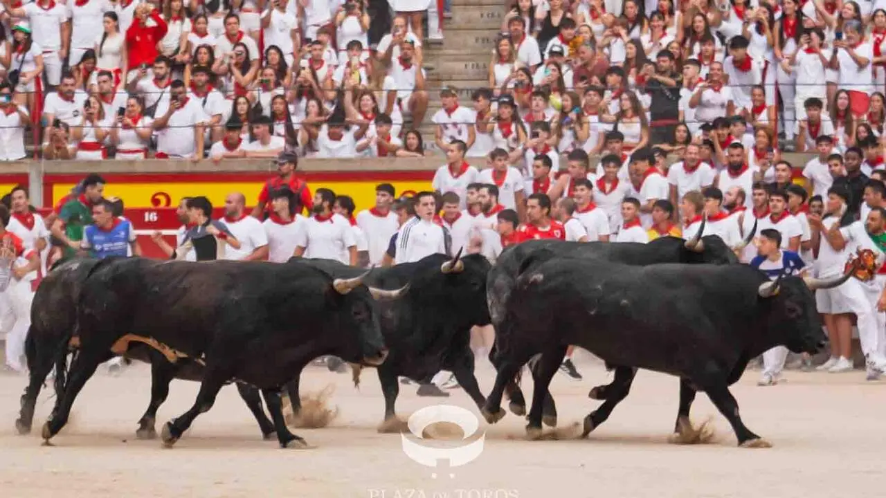 S&eacute;ptimo encierro de San Ferm&iacute;n 2026 con toros de la ganader&iacute;a de Miura en la plaza de toros. CASA DE MISERICORDIA