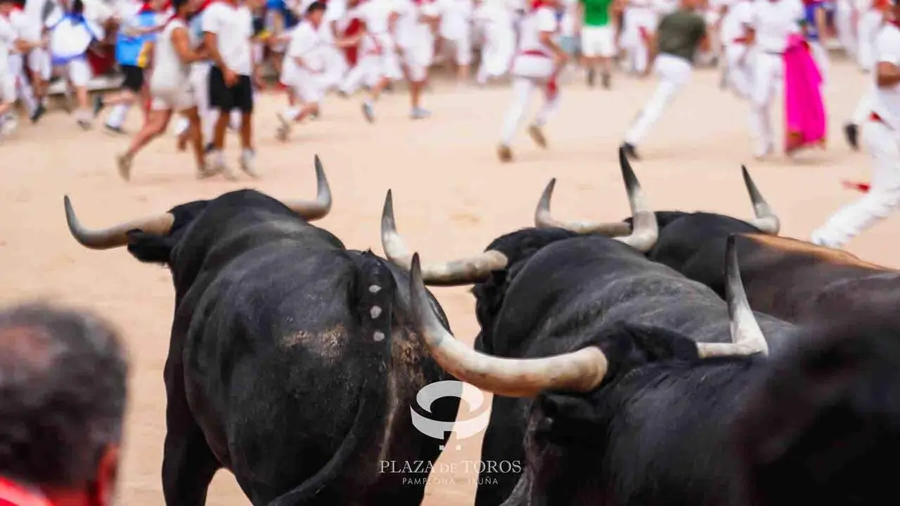 S&eacute;ptimo encierro de San Ferm&iacute;n 2026 con toros de la ganader&iacute;a de Miura en la plaza de toros. CASA DE MISERICORDIA
