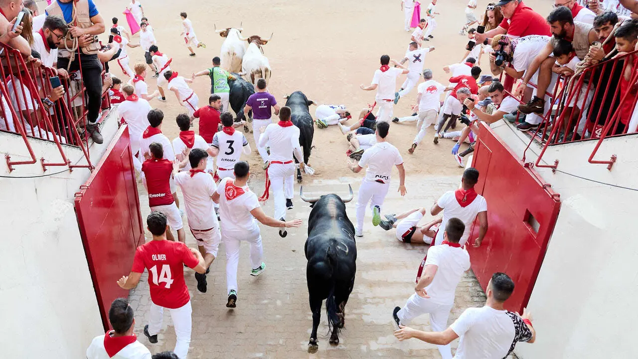 Octavo y &uacute;ltimo encierro de San Ferm&iacute;n 2026 con toros de la ganader&iacute;a de Jandilla en el tramo del callej&oacute;n y entrada a la plaza. I&Ntilde;IGO ALZUGARAY
