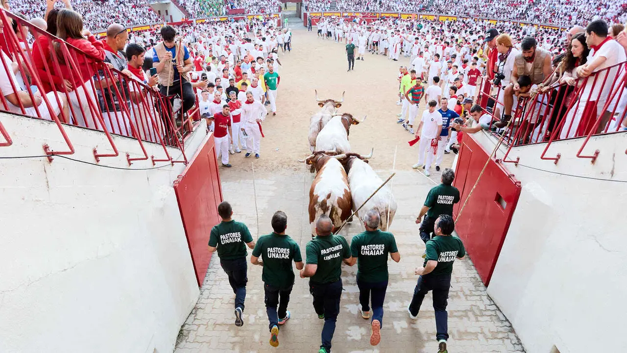 Octavo y &uacute;ltimo encierro de San Ferm&iacute;n 2026 con toros de la ganader&iacute;a de Jandilla en el tramo del callej&oacute;n y entrada a la plaza. I&Ntilde;IGO ALZUGARAY