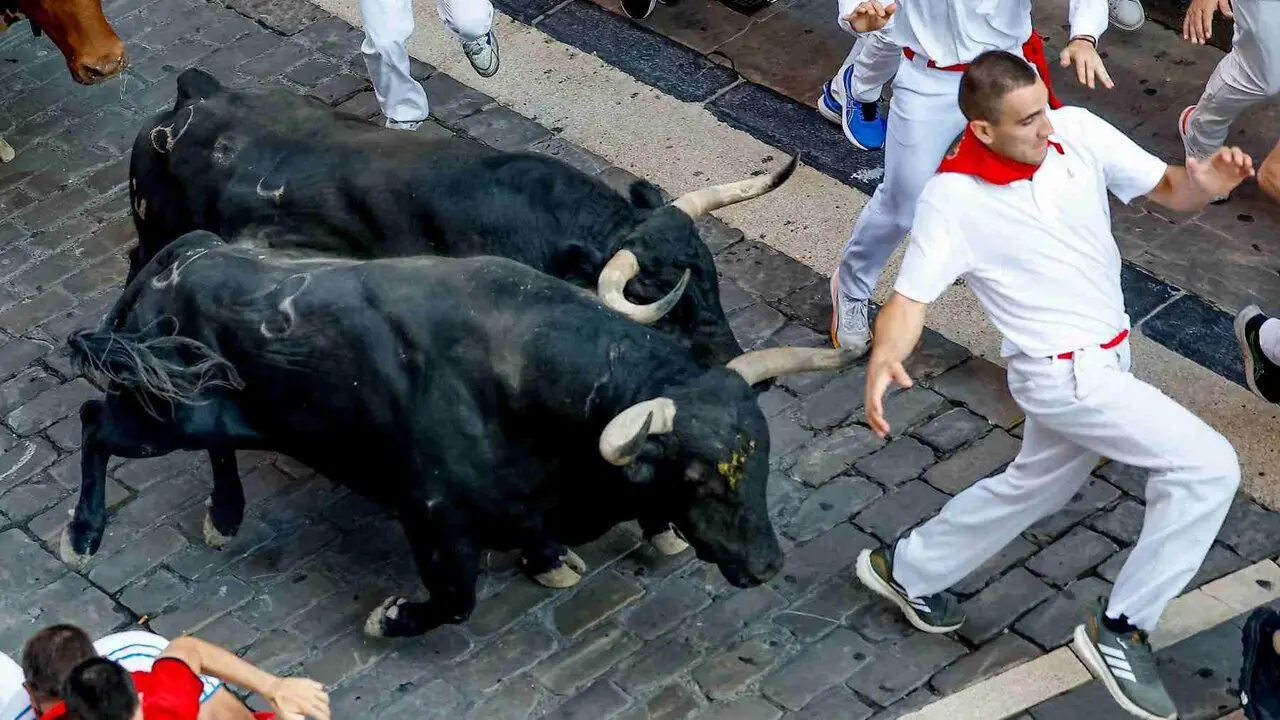 Un toro de la ganader&iacute;a extreme&ntilde;a de Jandilla embiste a varios mozos a su entrada en la calle Mercaderes durante el &uacute;ltimo encierro de los Sanfermines 2026. EFE / VILLAR L&Oacute;PEZ