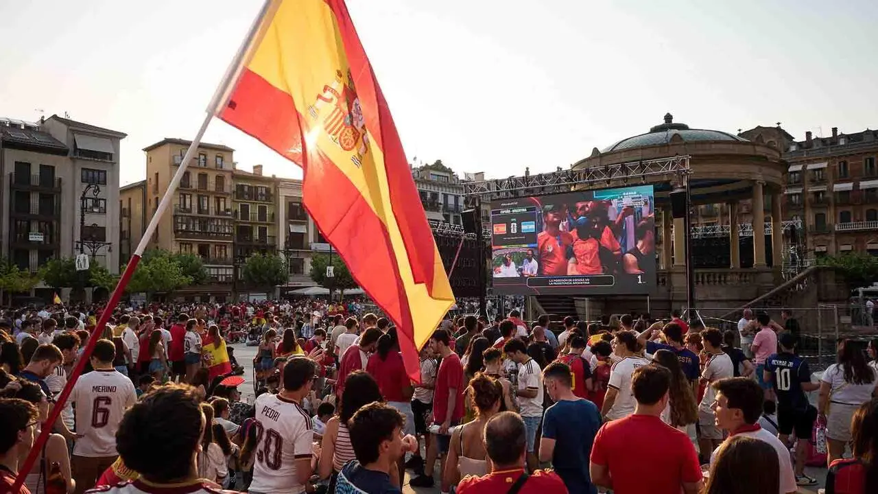 Aficionados de la selecci&oacute;n espa&ntilde;ola antes de la final del Mundial de f&uacute;tbol 2026, en la plaza del Castillo, a 19 de julio de 2026, en Pamplona, Navarra (Espa&ntilde;a). El delantero Nico Williams y el centrocampista Mikel Merino son naturales de Pamplona. El partido enfrenta a las selecciones de Espa&ntilde;a y Argentina en la final de la Copa del Mundo para ver qui&eacute;n se hace con el trofeo. El combinado espa&ntilde;ol enfrenta la segunda final de su historia, mientras que los argentinos repiten este a&ntilde;o tras disputar la final del Mundial de Qatar 2022, del que salieron campeones.

Eduardo Sanz / Europa Press
19/7/2026